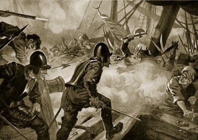 معركة ليبانتو ، رسم توضيحي من "تاريخ الأمم في هاتشينسون" ، حوالي عام 1915 (ليتو) بواسطة جون هاريس فالدا