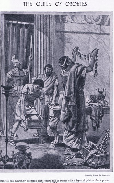 مذنب Oroetes: ثمانية صناديق من الأحجار مع طبقة من الذهب في الأعلى ، تظهر لرسول Polycrates ، c.1950 بواسطة جون هاريس فالدا