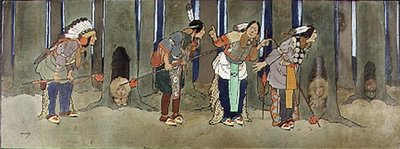 لا تهبط أبدًا: الهنود الحمر يحرسون الأطفال من القراصنة ، رسم توضيحي من "بيتر بان" ، حوالي 1906 بواسطة جون هاسال