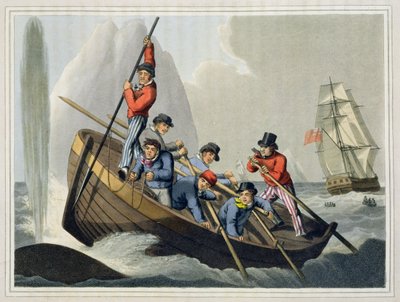 قارب سفينة يهاجم حوتًا ، نقشه ماثيو دوبورج (fl.1785-1820) ، نشره إدوارد أورم ، 1813 بواسطة جون هيفيسايد كلارك