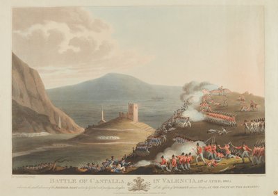 معركة كاستالا في فالنسيا ، 13 أبريل 1813 ، محفورة بواسطة دوبورج ، 1814 (ألوان مائية) بواسطة جون هيفيسايد كلارك
