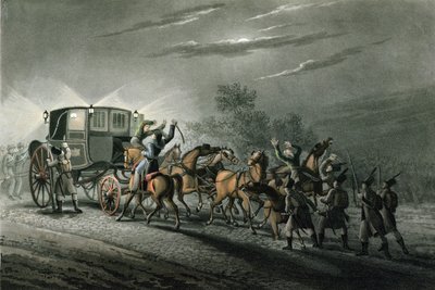 الاستيلاء على النقل والورق والكنز لبونابرت بواسطة الرائد فون كيلر ، واترلو ، 18 يونيو 1815 ، منقوش بواسطة ماثيو دوبورج (fl.1813-20) بواسطة جون هيفيسايد كلارك