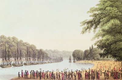 الأسطول على نهر سربنتين ، منقوش من قبل ماثيو دوبورج (fl.1813-20) 1814 بواسطة جون هيفيسايد كلارك