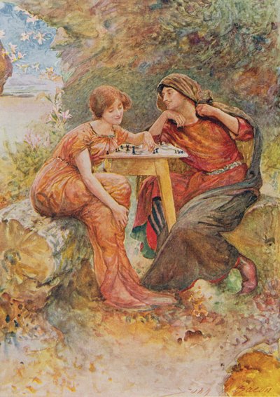 فرديناند وميراندا في العاصفة من قصص الأطفال من شكسبير بواسطة إديث نسبيت (1858-1924) حانة. بقلم رافائيل توك وأولاده المحدودة ، لندن (رسم توضيحي للكتاب) بواسطة جون هنري فريدريك بيكون