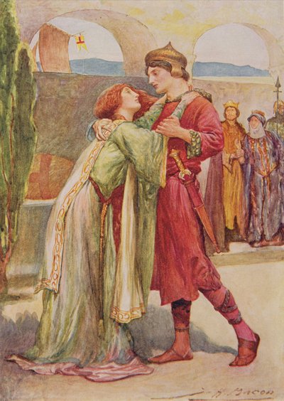 Posthumus و Imogen في Cymbeline من قصص الأطفال من شكسبير بواسطة إديث نسبيت (1858-1924) حانة. بقلم رافائيل توك وأولاده المحدودة ، لندن (رسم توضيحي للكتاب) بواسطة جون هنري فريدريك بيكون