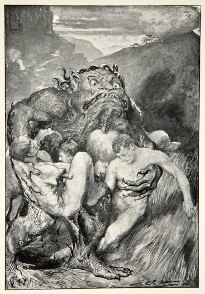 فيلم The Daemon of Evil ، مع مداعبه الشديدة ، أمسكهم بشراهة ، من "أساطير البطل وأساطير العرق البريطاني" بقلم MI Ebbutt ، 1910 بواسطة جون هنري فريدريك بيكون