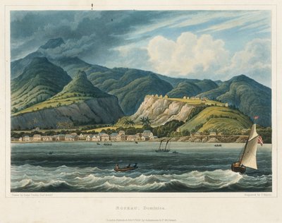 مدينة روسو، دومينيك (كاريبيس). طباعة حجرية (32.2 × 46.6 سم) للملازم جون هربرت كادي (1801-1883) بواسطة جون هربرت كادي