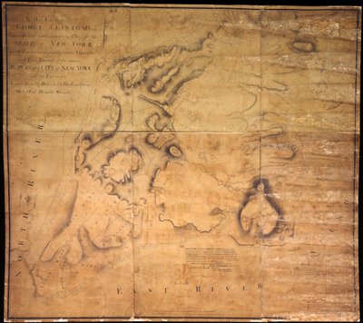 لمعالي جورج كلينتون ، اسق. . . هذه الخطة لمدينة نيويورك وضواحيها. . . ، 1785 (حبر أسود وملون ، قلم رصاص أسود ، وغسل ألوان على ورق مدعوم بقطعة قماش) بواسطة جون هيلز