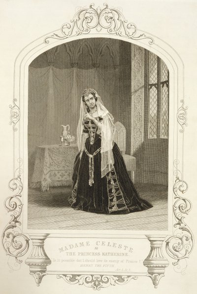 مدام سيليست مثل الأميرة كاثرين ، المشهد الخامس من فيلم "هنري الخامس" ، من نمط daguerreotype ، محفور بواسطة جورج هوليس (1792-1842) ، حانة. by John Tallis und Co. بواسطة جون جابيز إدوين بيزلي مايال