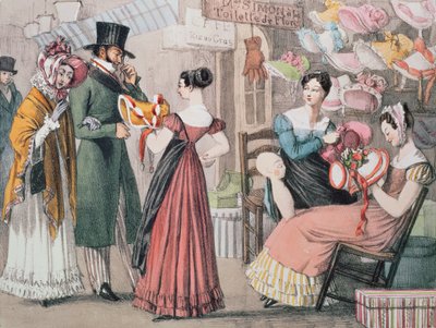 في Milliners (La Marchande de Modes) ، طبعها تشارلز جوزيف هولمانديل (1789-1850) ، حانة. بقلم رودويل ومارتن ، 1822 بواسطة جون جيمس شالون