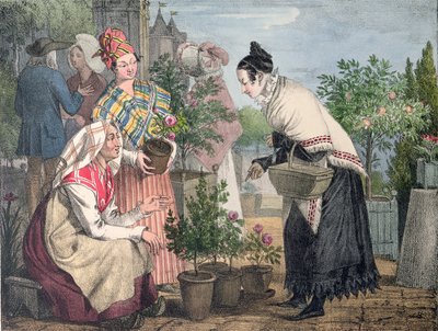 سوق الزهور ، باريس ، محفور من قبل تشارلز جوزيف هولمانديل (1789-1850) ، نشر عام 1821 بواسطة جون جيمس شالون