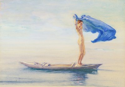 فتاة في قوس الزورق تنتشر قماشها الخاص بها للإبحار ، ساموا ، c.1895-96 (مرحاض وجواش على متنها) بواسطة جون لا فارج أو لافارج