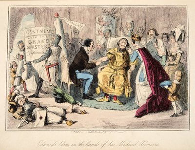 ذراع إدوارد في أيدي مستشاريه الطبيين ، من التاريخ الهزلي لإنجلترا ، حانة. 1864 (النقش الملون باليد) بواسطة جون ليتش