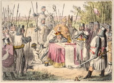 الملك جون يوقع ماجنا كارتا ، من التاريخ الهزلي لإنجلترا ، حانة. 1864 (النقش اليدوي) بواسطة جون ليتش
