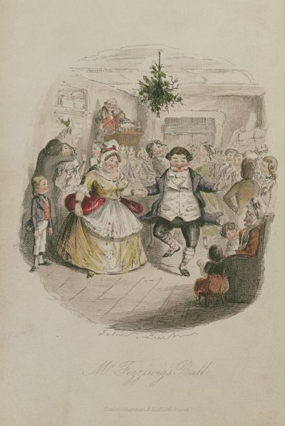 السيد Fezzywigs Ball ، رسم توضيحي من كارول عيد الميلاد بقلم تشارلز ديكنز (1812-1870) ، pub.1843 (نقش ملون باليد) بواسطة جون ليتش