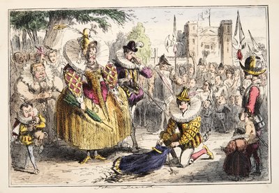 الملكة اليزابيث والسير والتر رالي ، من تاريخ إنجلترا الهزلي ، حانة. 1864 (النقش اليدوي) بواسطة جون ليتش