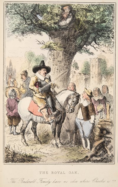 رويال أوك. لا تملك عائلة Penderell أي فكرة عن مكان تشارلز !!! ، من حانة Comic History of England. 1864 (النقش اليدوي) بواسطة John Leech