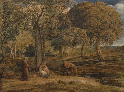 منظر طبيعي مع مجموعة العائلة ، ربما البقية في الرحلة إلى مصر ، حوالي 1827 (زيت على لوحة) بواسطة جون لينيل