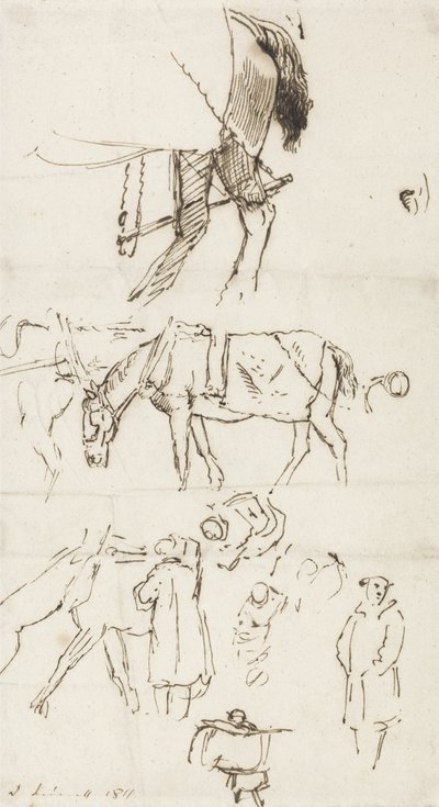 دراسة الخيول ، الرجال والعربات ، 1811 (قلم وحبر بني على ورق) بواسطة جون لينيل