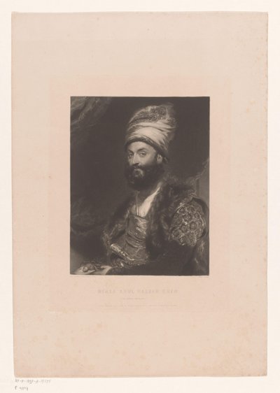 Portret van Mirza Abolhassan Khan Ilchi ميرزا أبو الحسن خان / (السفير الفارسي) (العنوان على الشيء) بواسطة توماس لورانس