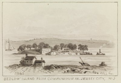 جزيرة Bedlow من Communipaw Av. ، جيرسي سيتي ، نيوجيرسي ، 1861 بواسطة جون م. أوغست ويل
