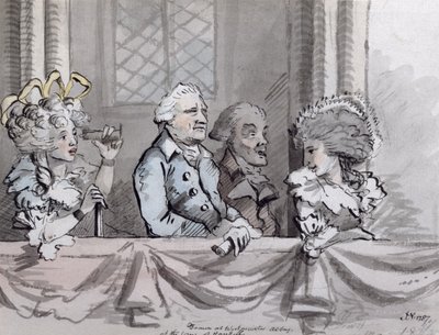 رسم كاريكاتوري للجمهور في ذكرى هاندل في دير وستمنستر ، 1787 (الحبر والألوان المائية) بواسطة جون نيكسون