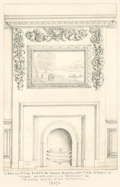 مدفأة منحوتة في الغرفة الخلفية في الطابق الأرضي تطل على الحديقة ، Fairfax House ، High Street ، Putney ، 1887 بواسطة جون فيليب إمسلي