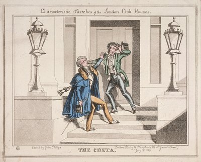 منظر لاثنين من المحتفلين في حالة سكر على درجات نادي كروكفورد ، لندن ، 1829 بواسطة جون فيليبس