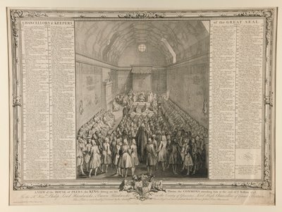 منظر لمجلس النبلاء ، الملك جالسًا على عرشه ، يحضره مجلس العموم في نهاية الجلسة 1741/2 بواسطة John Pine