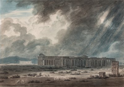 أطلال بيستوم بالقرب من ساليرنو: المعابد الثلاثة، ج.1792 (ألوان مائية وحبر وقلم رصاص على ورق) بواسطة جون روبرت Cozens