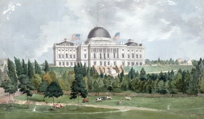 الجبهة الغربية لمبنى الكابيتول بالولايات المتحدة مع الأبقار في المقدمة عام 1831 (زيت على قماش) بواسطة جون روبنز سميث