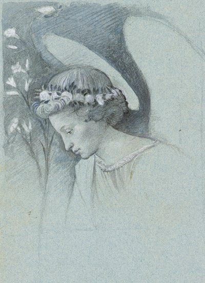 دراسة رأس الملاك غابرييل في فيلم The Announcing Angel في فيليبو ليبي ، 28 يونيو 1870 (جرافيت وألوان مائية ولون الجسم على ورق منسوج أزرق) بواسطة جون روسكين