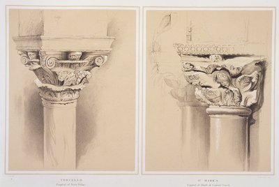 Torcello ، عاصمة Nave Pillar و St. Mark&39;s ، عاصمة من السقيفة المركزية ، من `` أمثلة على الهندسة المعمارية للبندقية &39;&39; لجون روسكين ، نقشها G. Rosenthal ، 1851 بواسطة جون روسكين