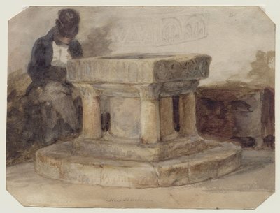 The Font of New Shoreham Church ، West Sussex ، مع الفنان William Scott of Brighton نائمًا بواسطة جون سيل (أسلوب) كوتمان