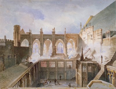 منظر لتدمير كنيسة سانت ستيفن ، قصر وستمنستر ، لندن ، 1834 بواسطة جون تايلور