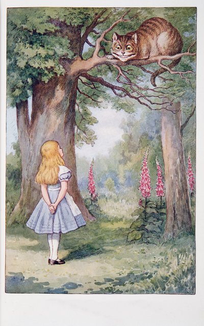 Alice and the Cheshire Cat ، مغامرات Alices في بلاد العجائب ومن خلال المرآة وماذا وجدت أليس هناك ، بقلم لويس كارول (1832-98) ، المنشور عام 1911 (الطباعة الحجرية الملونة) بواسطة جون تينيل