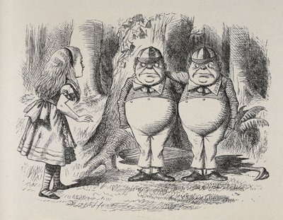 لقاء أليس مع Tweedle Dee و Tweedle Dum لأول مرة. كانا يقفان تحت شجرة ، ولكل منهما ذراع حول عنق الآخر ، وعرفت أليس أيهما في لحظة ، لأن أحدهما كان مطرزًا برقبة "دوم" ، والآخر "دي". بواسطة جون تينيل