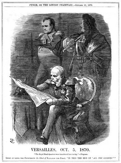 الحرب الفرنسية البروسية 1870-1871: ظلال لويس الرابع عشر ونابليون الأول تبكي على تلاشي مجد فرنسا. في 5 أكتوبر 1870 ، اتخذ ويلهلم الأول ، ملك بروسيا ، فرساي مقرًا له ، وفي 18 يناير تم إعلان إمبراطور ألمانيا في قاعة المرآة بواسطة جون تينيل