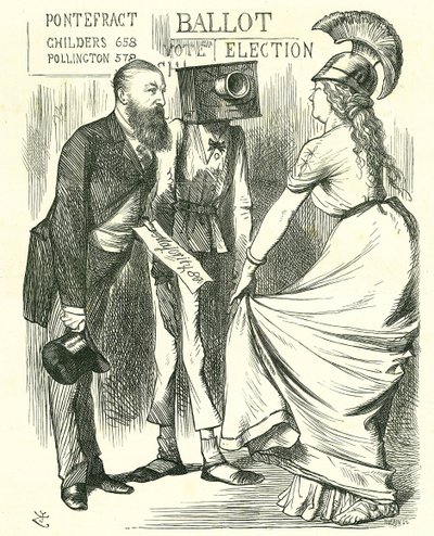 هيو تشايلدرز (1827-1896) برلماني بريطاني يخبر بريتانيا عن نجاح صندوق الاقتراع الجديد. كارتون جون تينيل من Punch ، لندن ، 24 أغسطس 1872. بواسطة جون تينيل