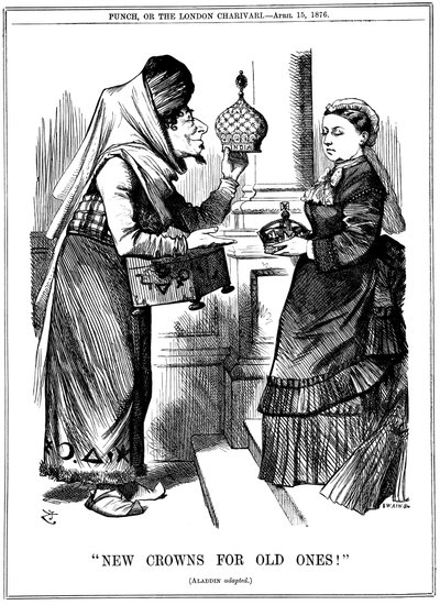 تيجان جديدة للأولاد القدامى! ، بنجامين دزرائيلي يقدم تاج الهند للملكة فيكتوريا ، 1876 بواسطة جون تينيل