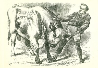 أخذ الثور (الأيرلندي) من القرون: أقر البرلمان مشروع القانون في 15 فبراير 1870 وحصل على الموافقة الملكية في 8 يوليو. وليام جلادستون ، رئيس الوزراء ، يتعامل مع هذه القضية. كارتون جون تينيل من بانش ، لندن ، 26 فبراير 1870. بواسطة جون تينيل