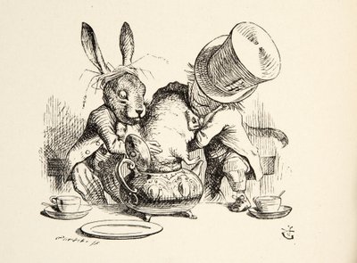 Mad Hatter و March March هير يضعان النوم في إبريق الشاي ، من Alices Adventures in Wonderland بقلم لويس كارول (1832-98) ، حانة. 1891 بواسطة جون تينيل