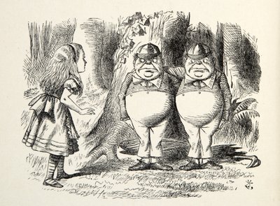 Tweedledum و Tweedledee ، رسم توضيحي من خلال المرآة ، بقلم لويس كارول (1832-98) ، 1872 بواسطة جون تينيل