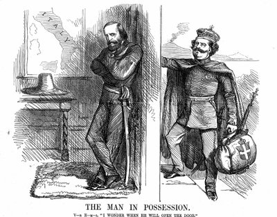 Unification of Italy: Victor Emmanuel II (1820-1878), first king of Italy from February 1861, knocking on the door of Naples which Garibaldi (1807-1882) with his Red Shirts has conquered on behalf of the new Kingdom of Italy. John Tenniel cartoon from Punc بواسطة جون تينيل