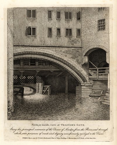 منظر شمالي أو داخلي لبوابة Traitor's Gate ، المدخل الرئيسي لبرج لندن من نهر التايمز بواسطة جون توماس سميث