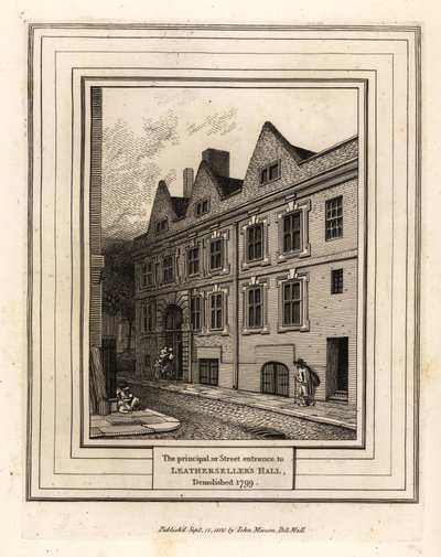 تم هدم المدخل الرئيسي أو المدخل الرئيسي لقاعة Leathersellers Hall في عام 1799 بواسطة جون توماس سميث