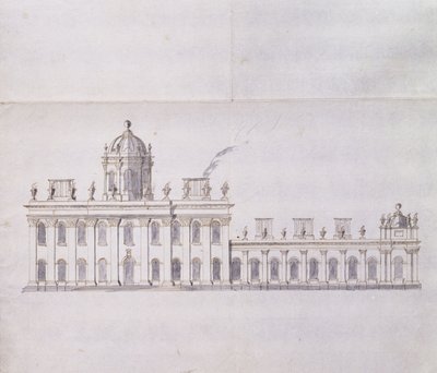 قلعة هوارد ، يوركشاير: رسم تخطيطي بالقلم الرصاص يوضح تطور أجنحة Forecourt ، حوالي 1699 (قلم حبر وحبر بني وغسل رمادي) بواسطة جون فانبرو
