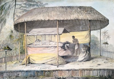 جنازة مع المتوفى تحت المظلة ، تاهيتي ، جزر المجتمع ، لوحة مائية لجون ويبر (1750-1793) من وصف رحلة الكابتن جيمس كوك الأخيرة (1776-1779) ، بولينيزيا بواسطة جون ويبر