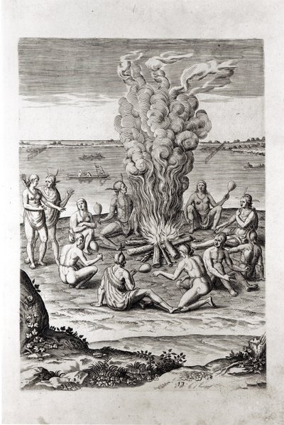 الهنود يصلون حول النار ، نقش من Hariot&39;s &39;Briefe and True Report of ... Virginia&39; ، 1590 ، منقوش بواسطة Theodor de Bry (1528-98) بواسطة جون وايت