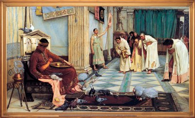 "" مفضلات الإمبراطور الروماني الغربي هونوريوس (384-423) "" تصوير للإمبراطور يغذي طيوره بينما ينحني مستشاروه بتواضع - رسم لجون ويليام ووترهاوس (1849-1917) 1883 معرض الفنون بجنوب أستراليا أ بواسطة جون وليام ووترهاوس